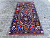 "Handwoven Afghan Kilim rug with vibrant multicolor tribal patterns, measuring 4'6" x 9'4"."