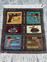 Afghan handmade war rug with conflict design in multi-color, 2.5 x 2.6 feet.