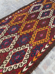 Vintage Afghan tribal hand-knotted rug with geometric diamond patterns, measuring 5.2 x 13.3 ft (159 x 406 cm).