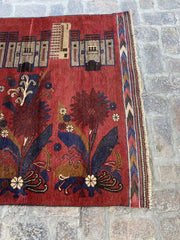 4'2 x 6'0 Afghan Belouch Rug - Red with Floral and Architectural Motifs - Nomad Hues