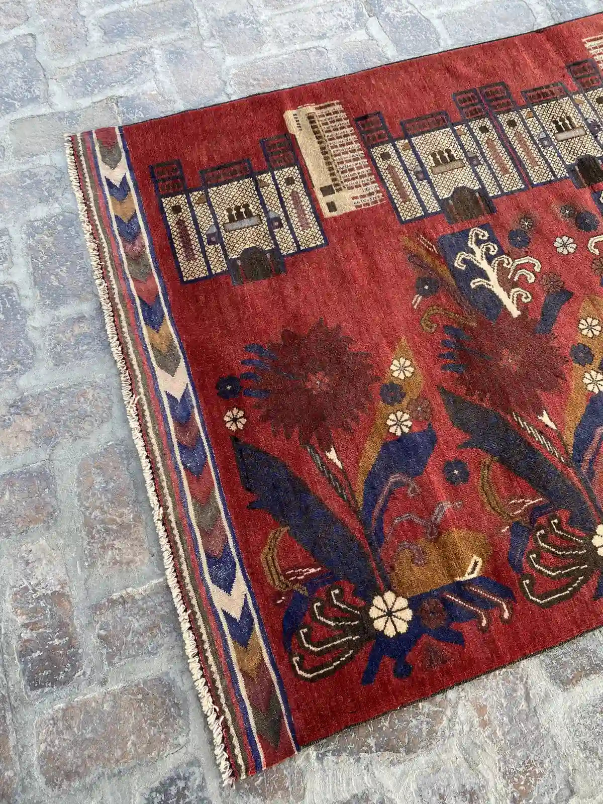 4'2 x 6'0 Afghan Belouch Rug - Red with Floral and Architectural Motifs - Nomad Hues