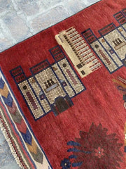 4'2 x 6'0 Afghan Belouch Rug - Red with Floral and Architectural Motifs - Nomad Hues