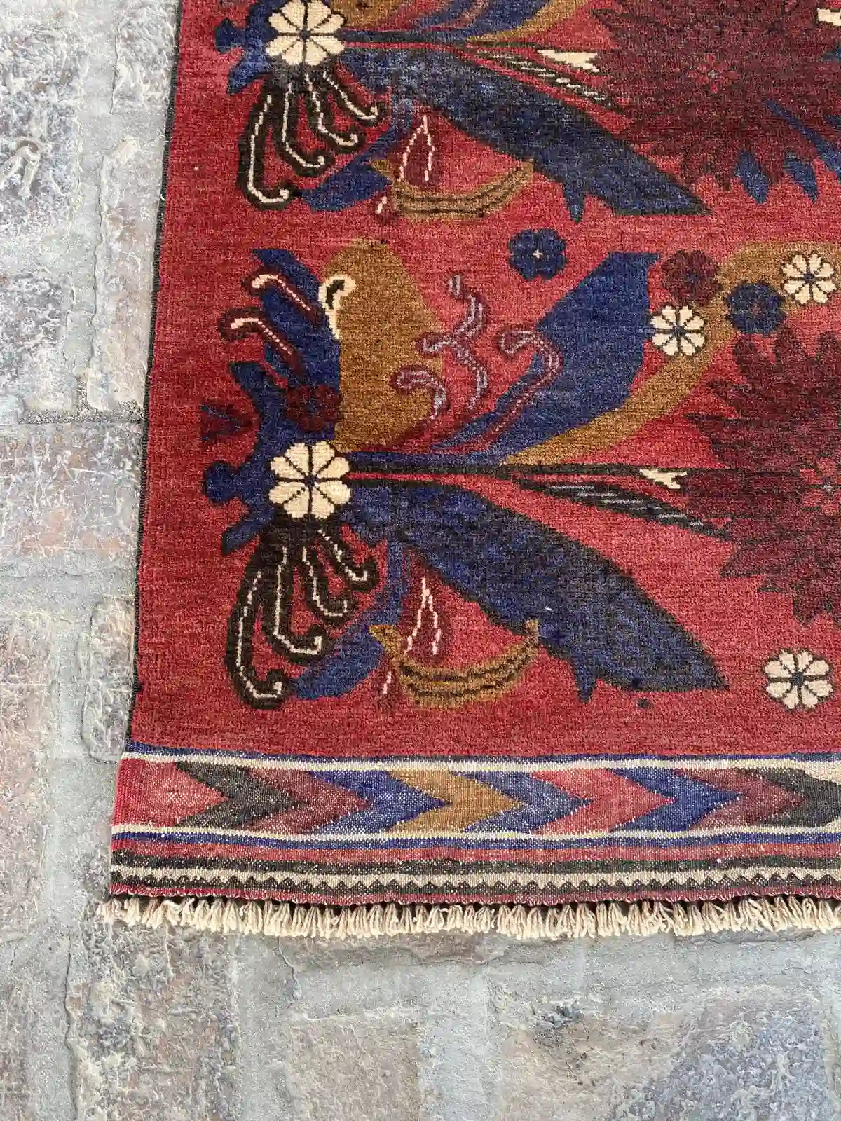 4'2 x 6'0 Afghan Belouch Rug - Red with Floral and Architectural Motifs - Nomad Hues