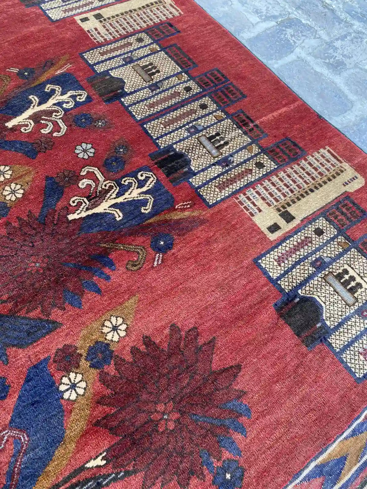 4'2 x 6'0 Afghan Belouch Rug - Red with Floral and Architectural Motifs - Nomad Hues