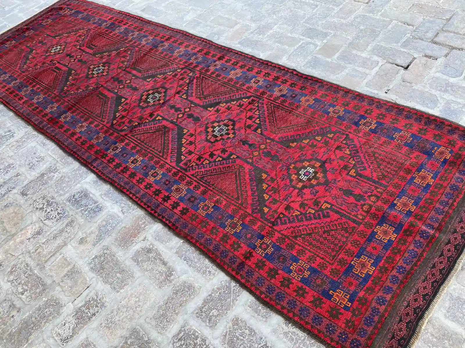 4'1 x 12'2 Afghan Belouchi Runner - Red and Blue Tribal Rug - Nomad Hues