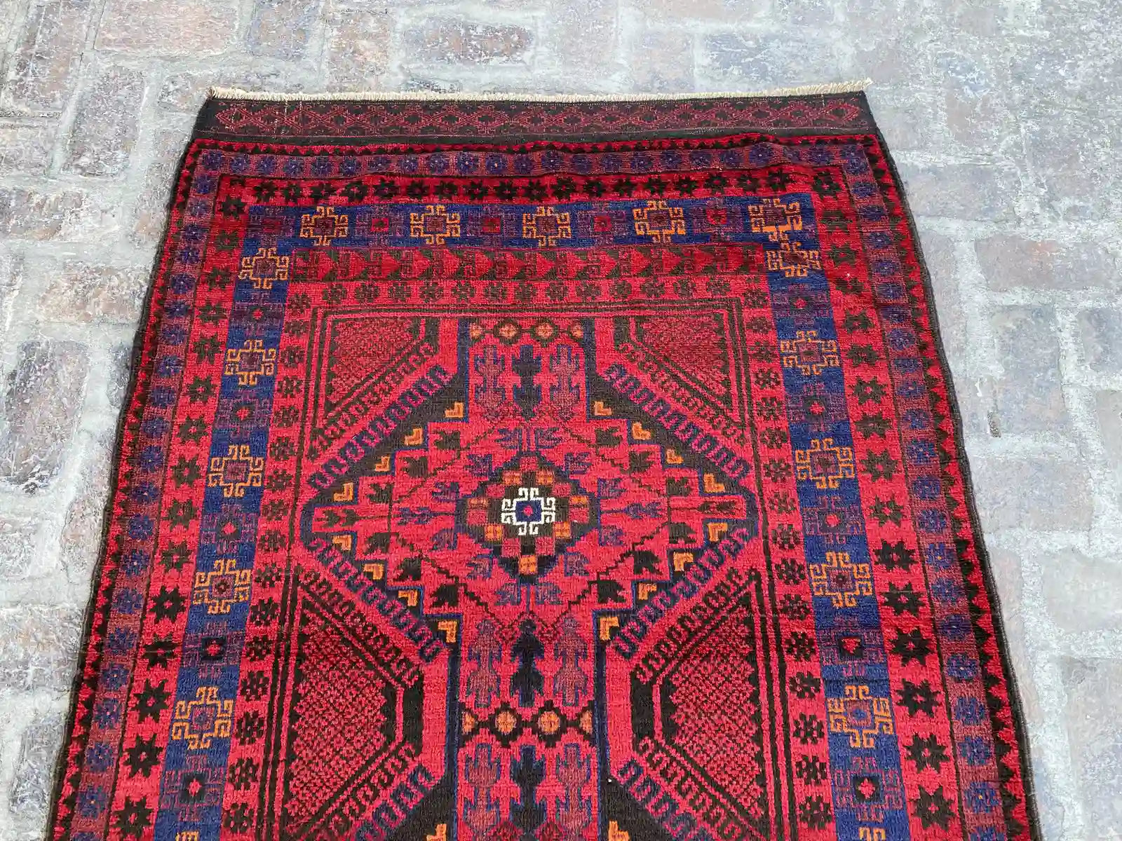 4'1 x 12'2 Afghan Belouchi Runner - Red and Blue Tribal Rug - Nomad Hues