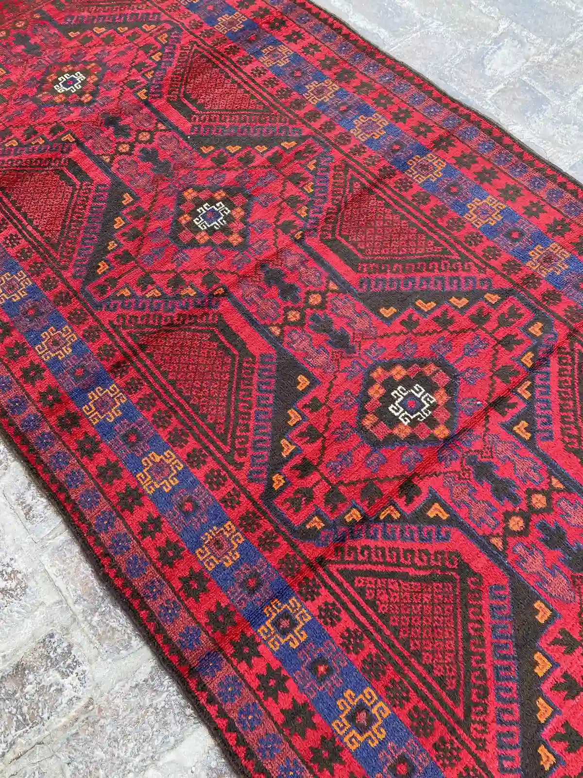 4'1 x 12'2 Afghan Belouchi Runner - Red and Blue Tribal Rug - Nomad Hues