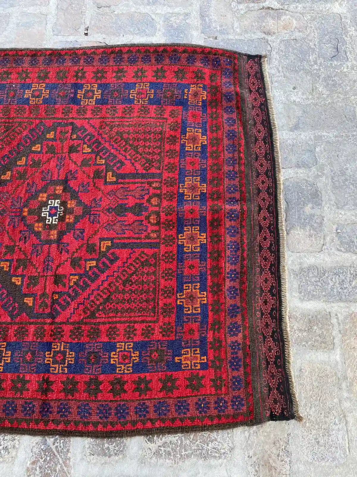 4'1 x 12'2 Afghan Belouchi Runner - Red and Blue Tribal Rug - Nomad Hues