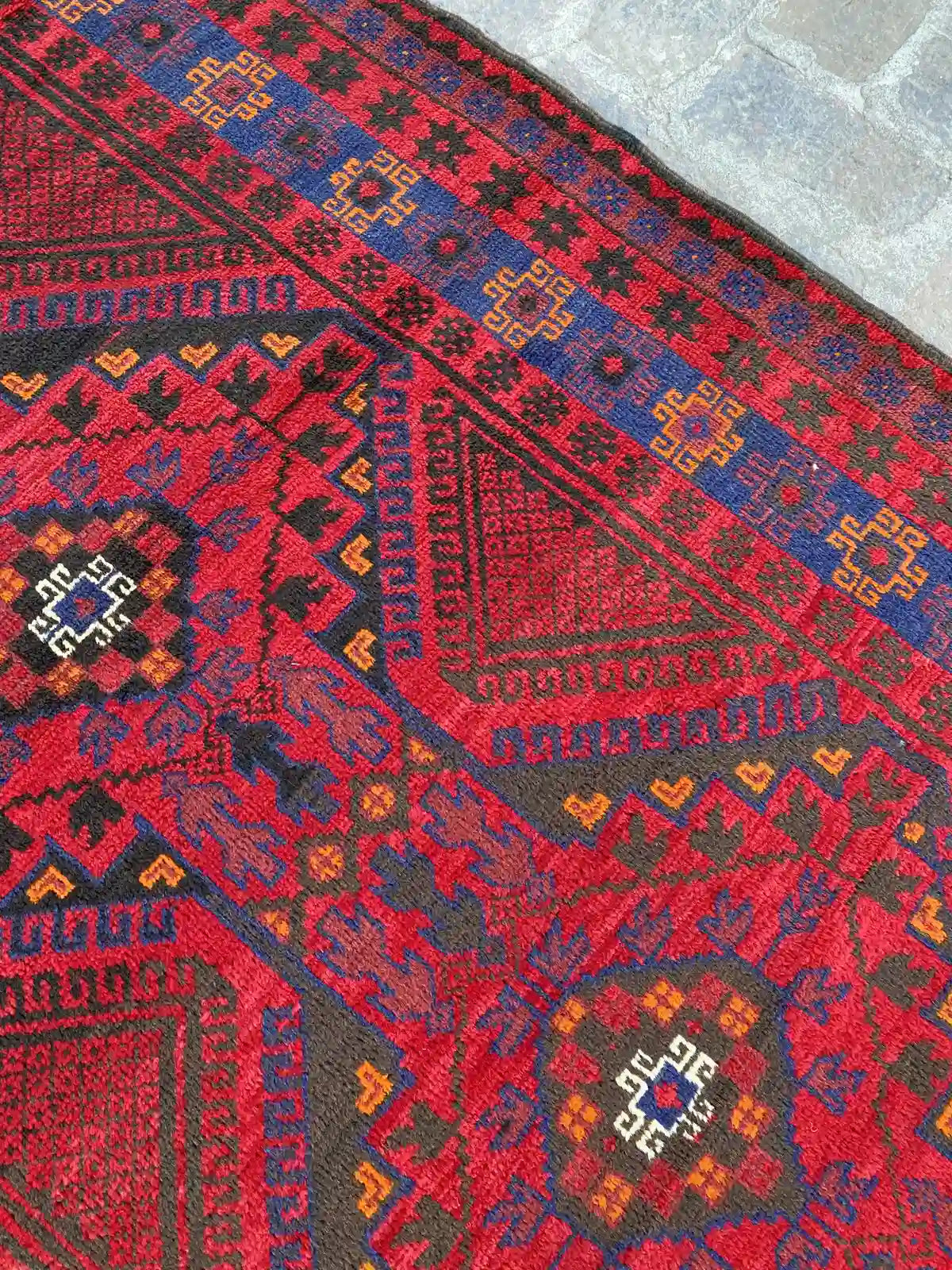 4'1 x 12'2 Afghan Belouchi Runner - Red and Blue Tribal Rug - Nomad Hues