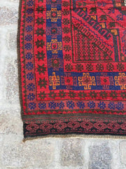 4'1 x 12'2 Afghan Belouchi Runner - Red and Blue Tribal Rug - Nomad Hues