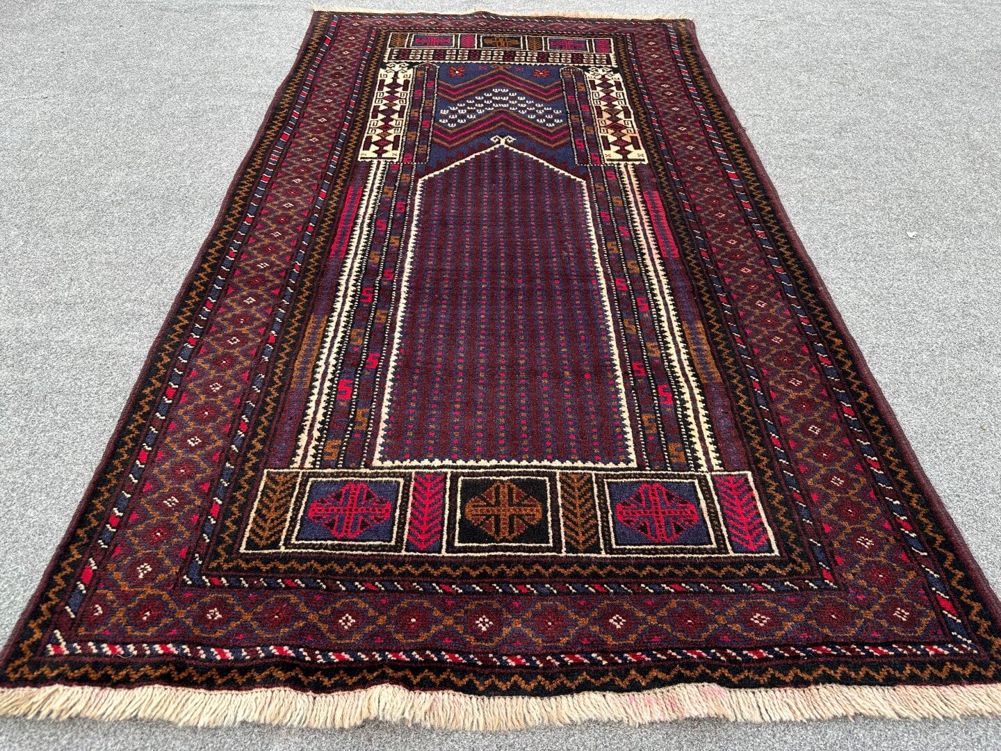 Handmade Afghan prayer rug in burgundy, brown, and beige - Nomad Hues