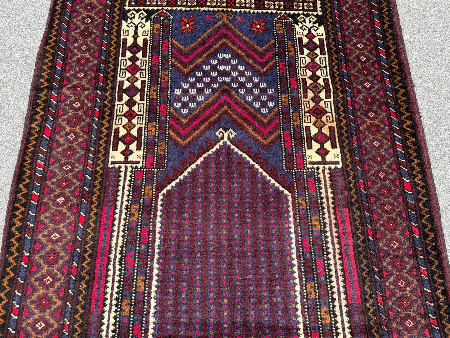 Handmade Afghan prayer rug in burgundy, brown, and beige - Nomad Hues