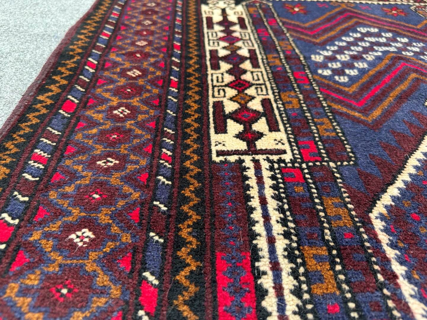 Handmade Afghan prayer rug in burgundy, brown, and beige - Nomad Hues