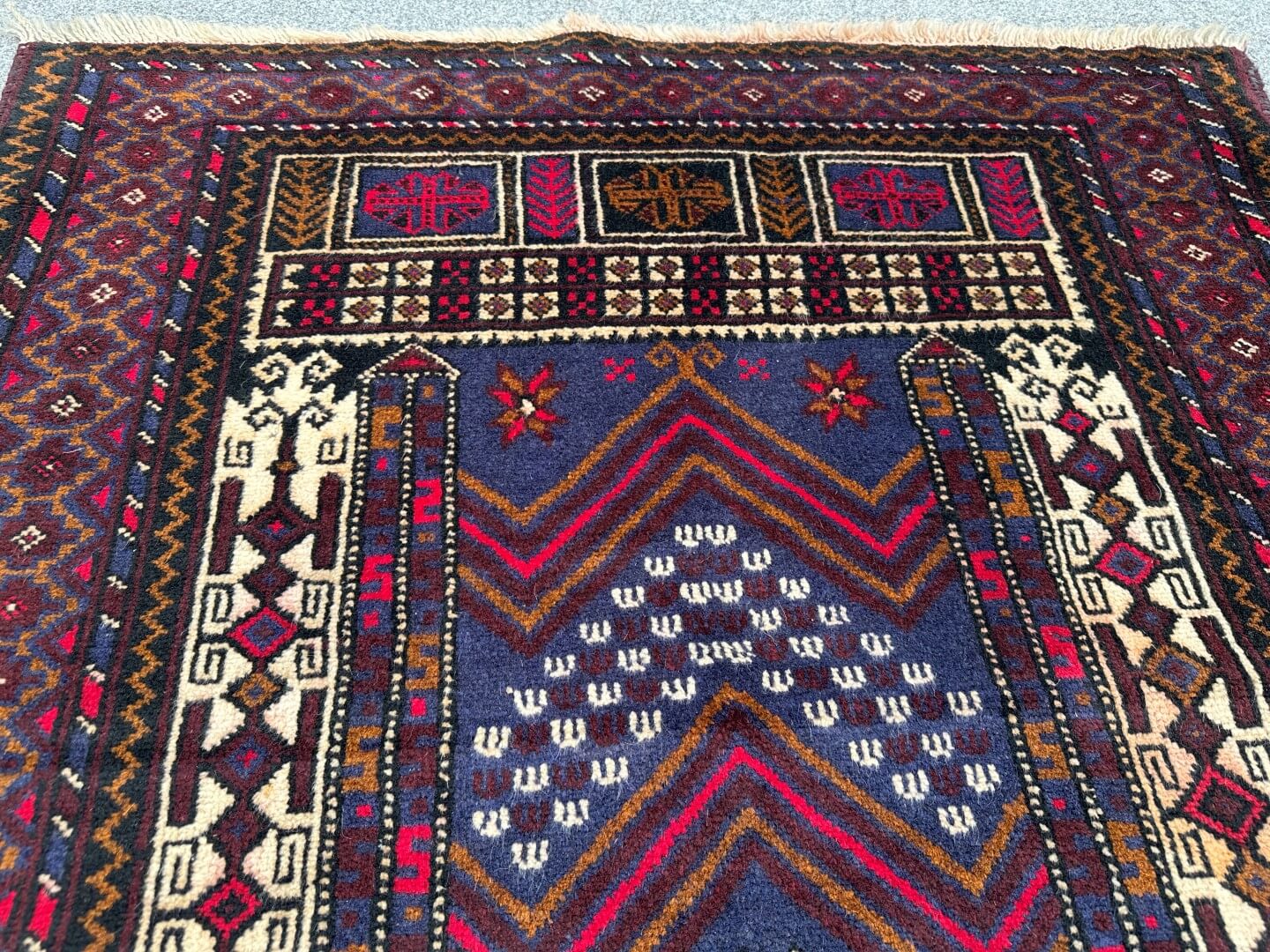 Handmade Afghan prayer rug in burgundy, brown, and beige - Nomad Hues