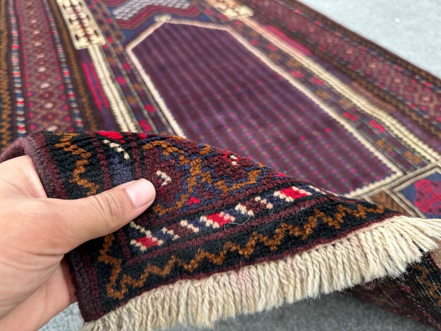 Handmade Afghan prayer rug in burgundy, brown, and beige - Nomad Hues