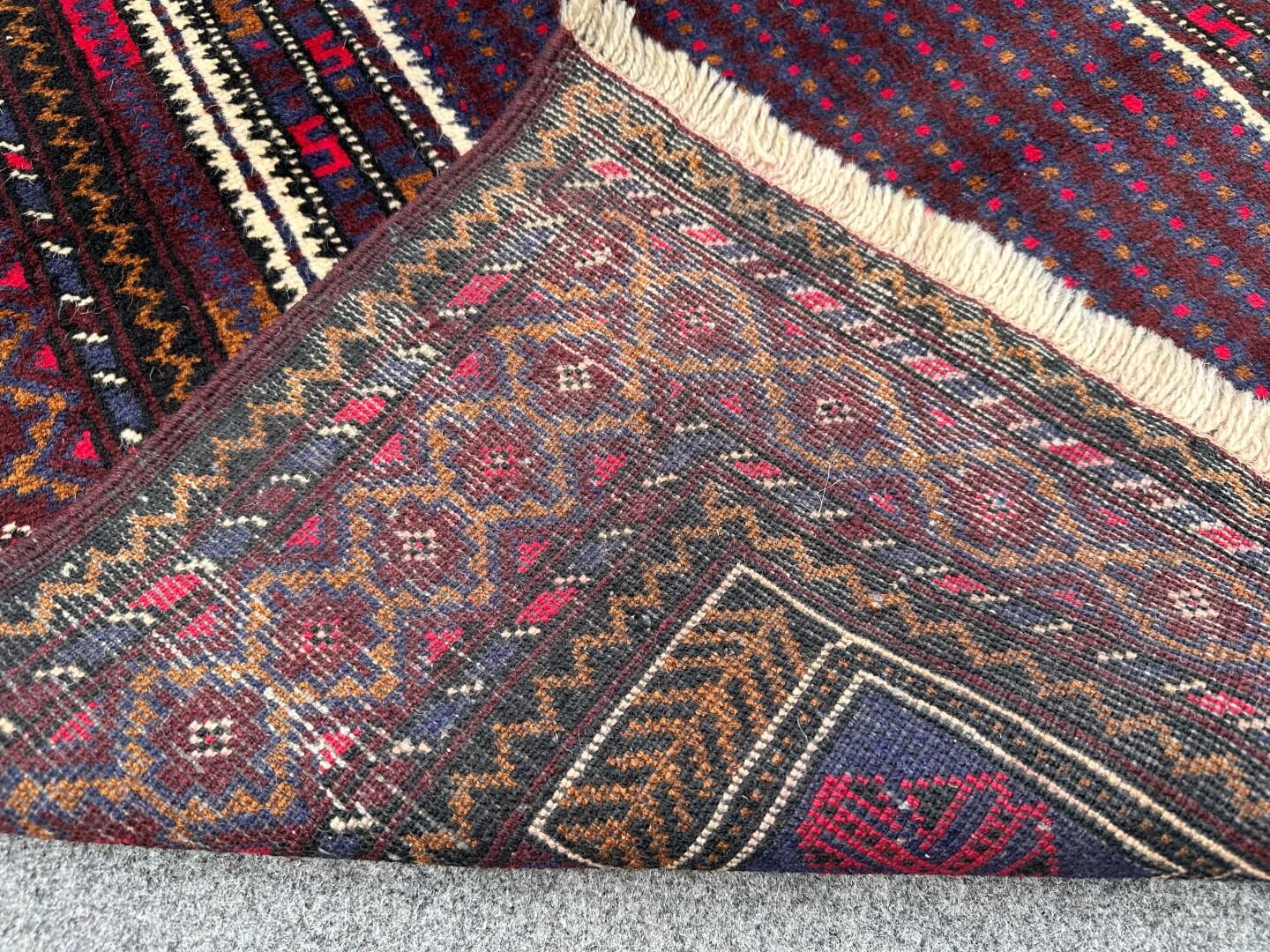 Handmade Afghan prayer rug in burgundy, brown, and beige - Nomad Hues