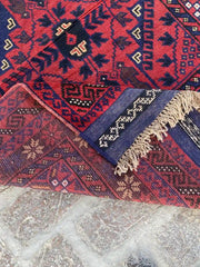 Afghan Mishwani Runner - Red and Blue Geometric Patterns - Nomad Hues