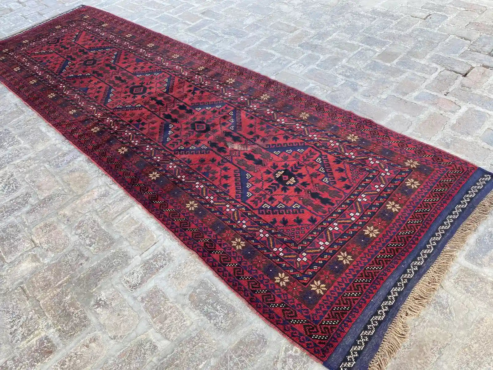 Afghan Mishwani Runner - Red and Blue Geometric Patterns - Nomad Hues