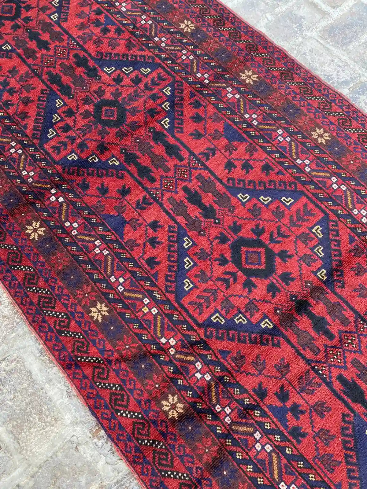 Afghan Mishwani Runner - Red and Blue Geometric Patterns - Nomad Hues