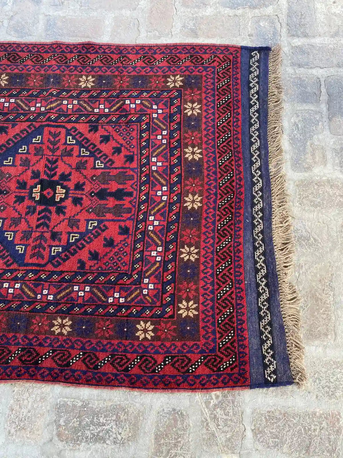 Afghan Mishwani Runner - Red and Blue Geometric Patterns - Nomad Hues