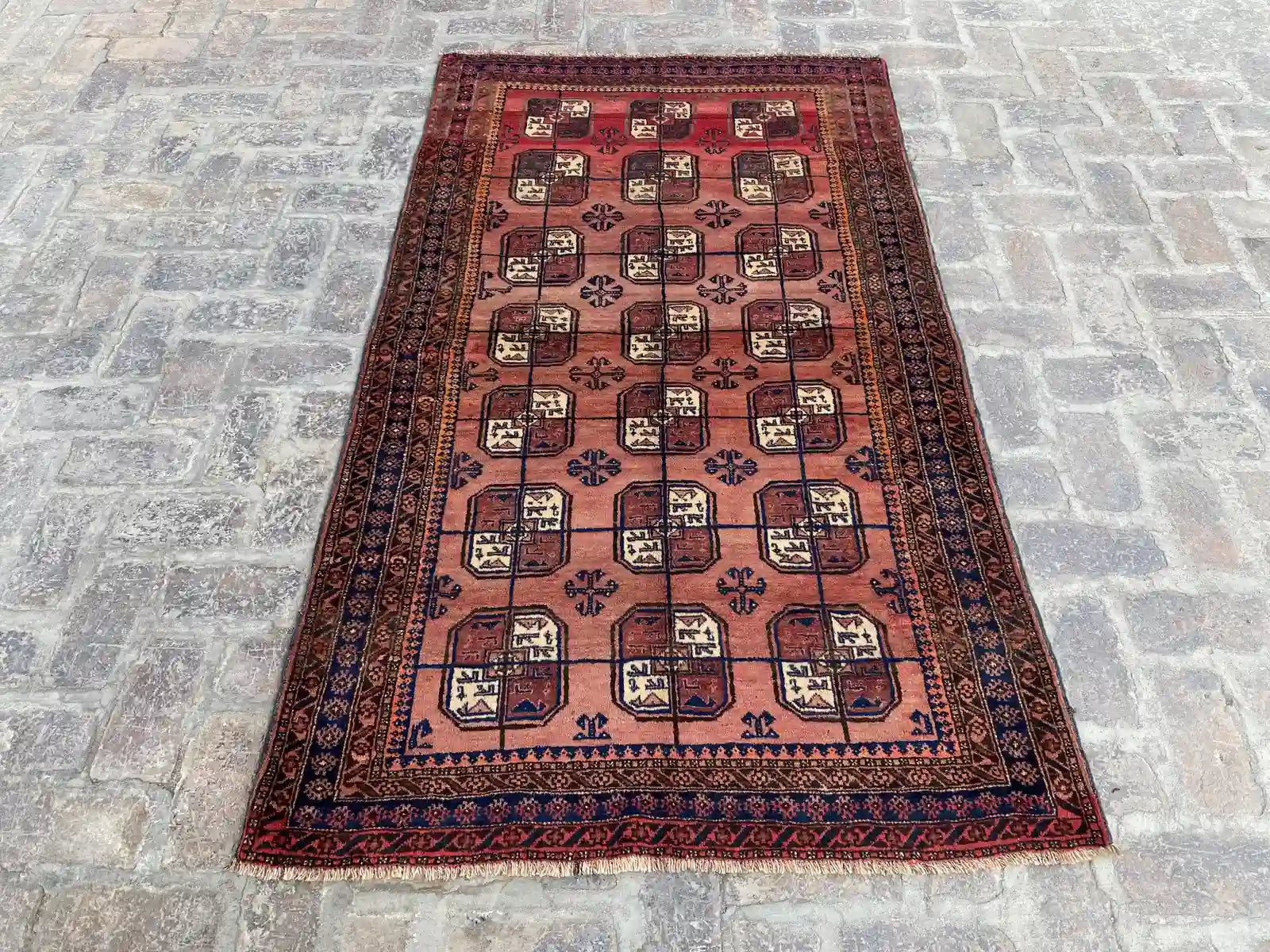 Vintage Afghan Belouch Filpai rug with detailed pattern, 4.0 x 7.1 ft (123 x 215 cm).