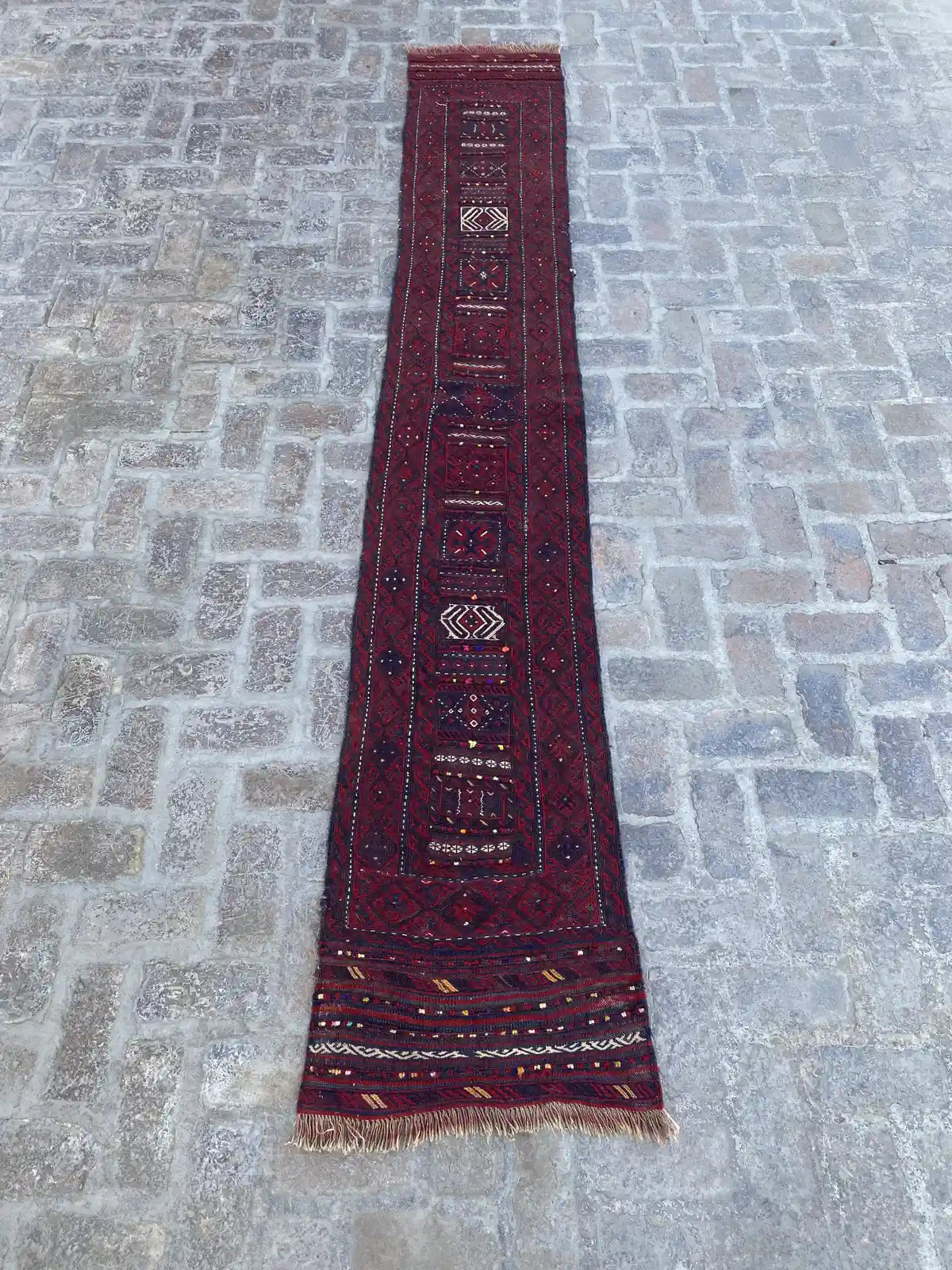 Handwoven Afghan Adreskan Kilim Runner - 1'10" x 11'10"