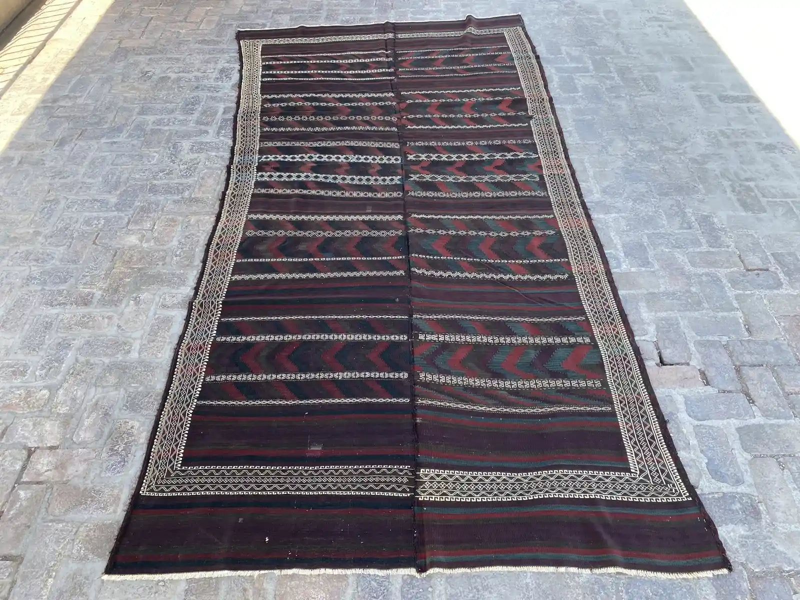 Handwoven Afghan Balouch Kilim - 6'3 x 13'5 - Traditional Striped Pattern - Nomad Hues