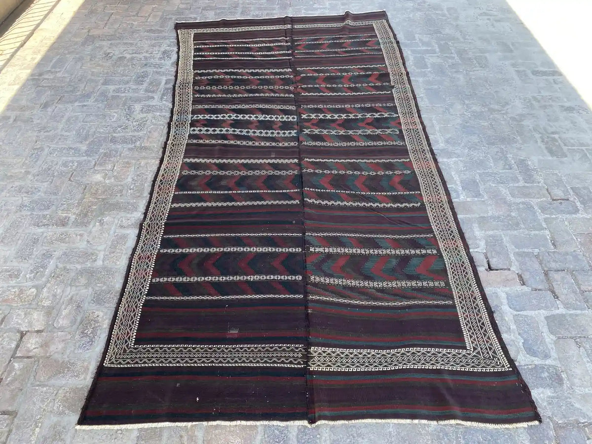 Handwoven Afghan Balouch Kilim - 6'3 x 13'5 - Traditional Striped Pattern - Nomad Hues