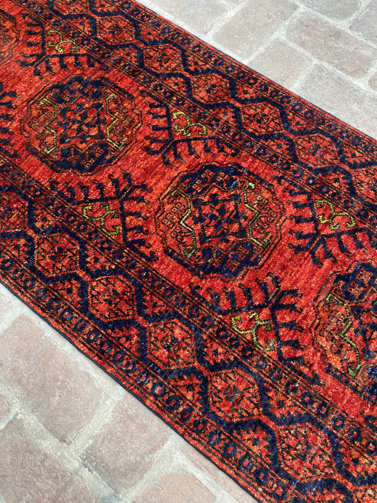 Afghan Filpai Hallway Runner Rug in Red and Navy Blue, 2.6ft x 9.4ft - Nomad Hues