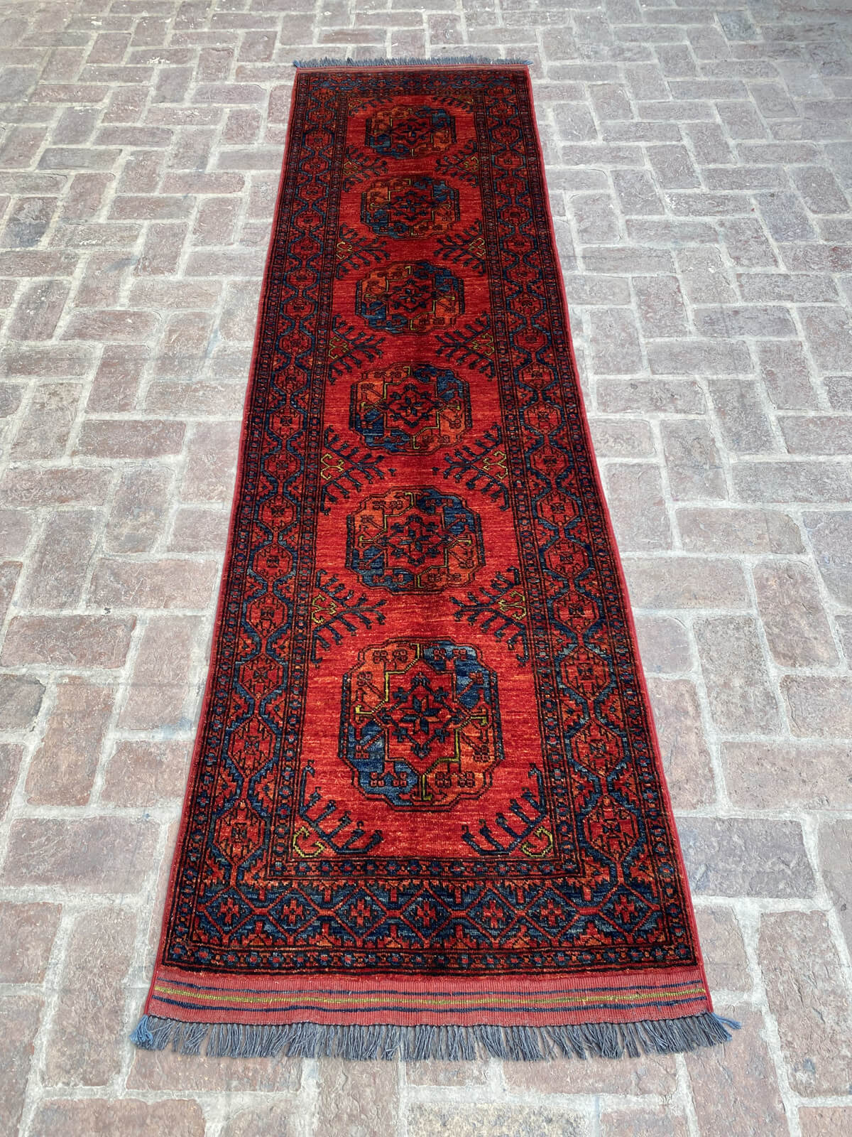 Handmade Afghan Ersari Hallway Runner Rug in Red and Navy Blue, 2.6ft x 9.6ft - Nomad Hues