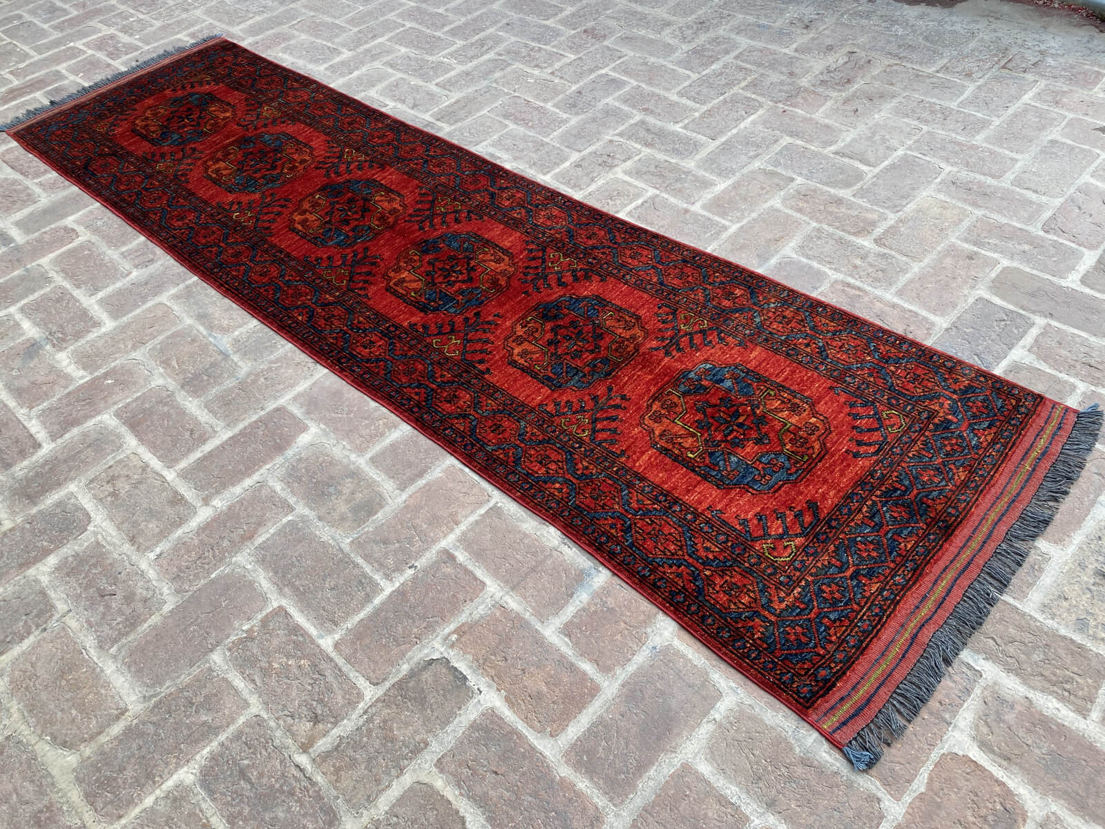 Handmade Afghan Ersari Hallway Runner Rug in Red and Navy Blue, 2.6ft x 9.6ft - Nomad Hues