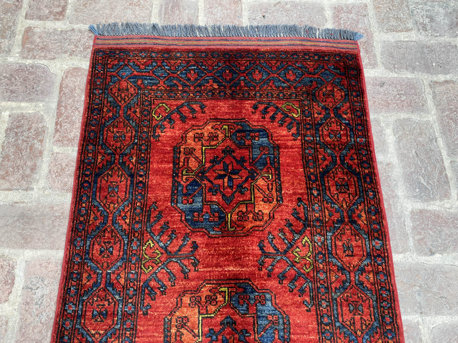 Handmade Afghan Ersari Hallway Runner Rug in Red and Navy Blue, 2.6ft x 9.6ft - Nomad Hues