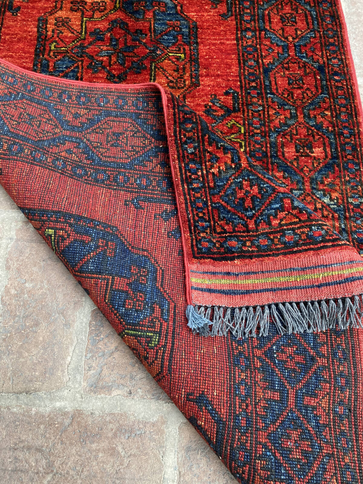 Handmade Afghan Ersari Hallway Runner Rug in Red and Navy Blue, 2.6ft x 9.6ft - Nomad Hues