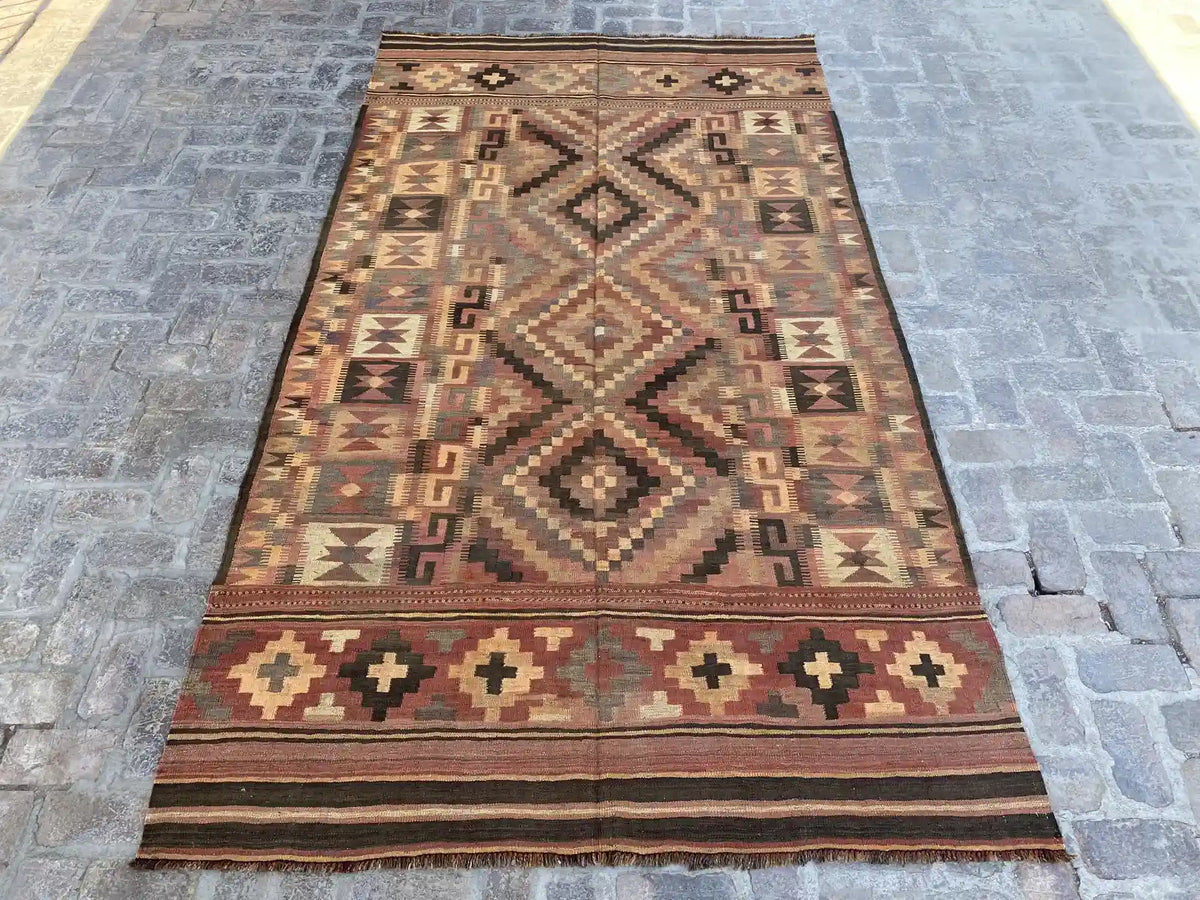 6'3" x 10'0" Handwoven Afghan Hazara Kilim - Traditional Geometric Pattern