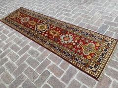 Hand-knotted Afghan Kazak Runner Rug in Red and Blue, 2.5ft x 9.4ft - Nomad Hues