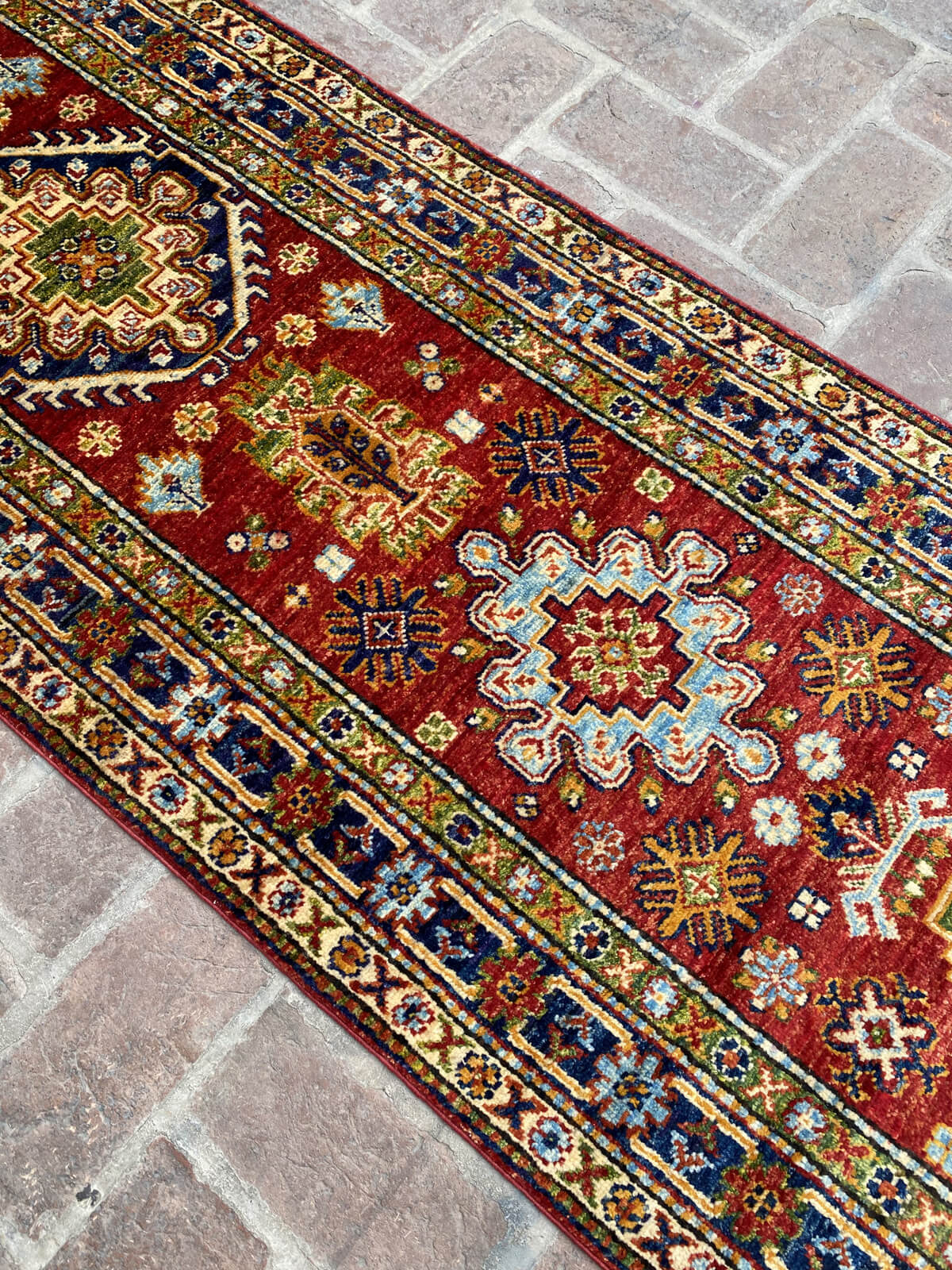 Hand-knotted Afghan Kazak Runner Rug in Red and Blue, 2.5ft x 9.4ft - Nomad Hues