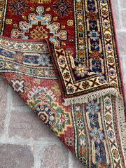 Hand-knotted Afghan Kazak Runner Rug in Red and Blue, 2.5ft x 9.4ft - Nomad Hues