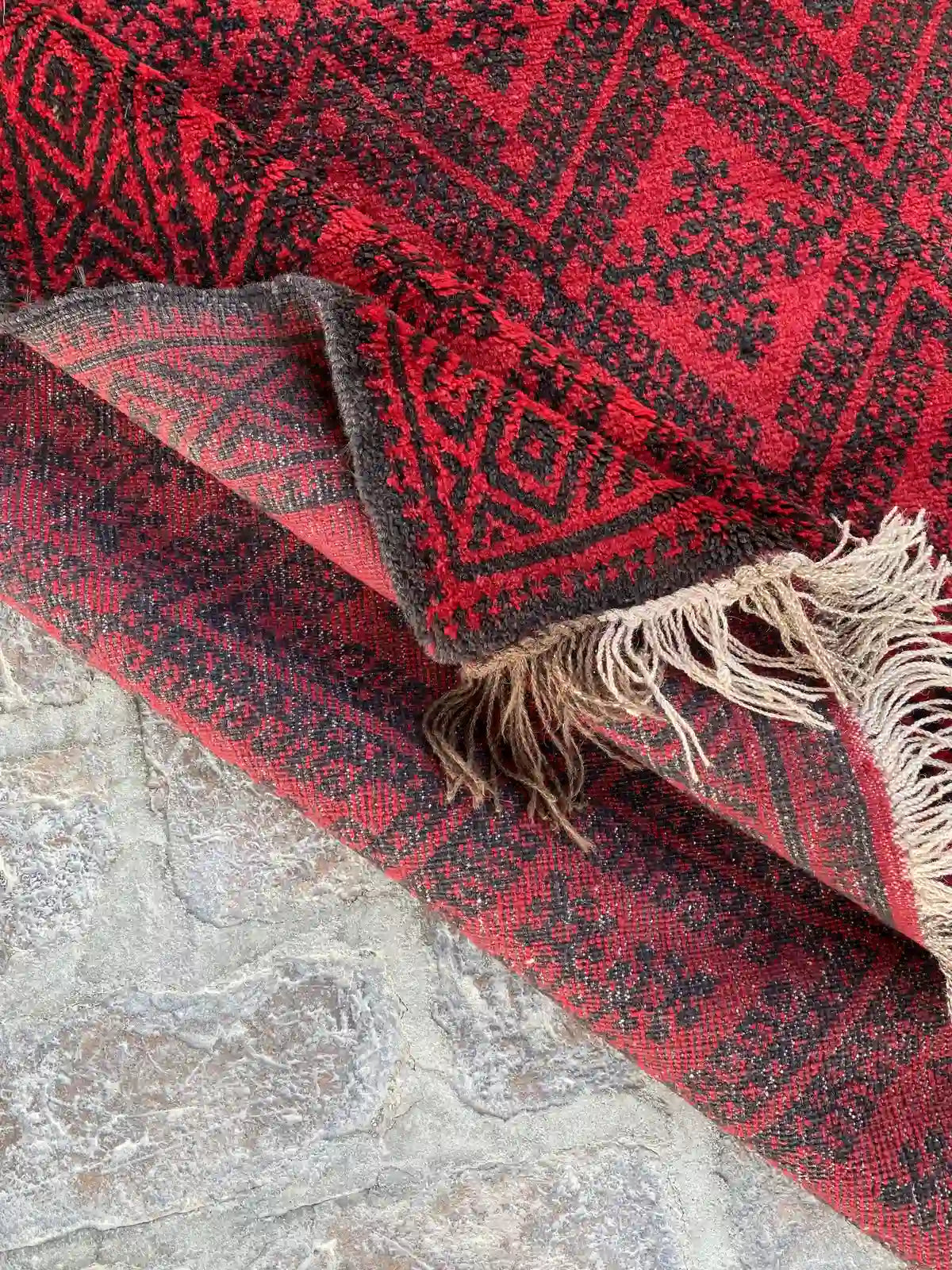 Stunning 4'2 x 6'4 Afghan Belouchi Rug - Deep Red and Black Tribal Patterns - Nomad Hues