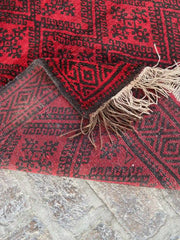 Stunning 4'2 x 6'4 Afghan Belouchi Rug - Deep Red and Black Tribal Patterns - Nomad Hues