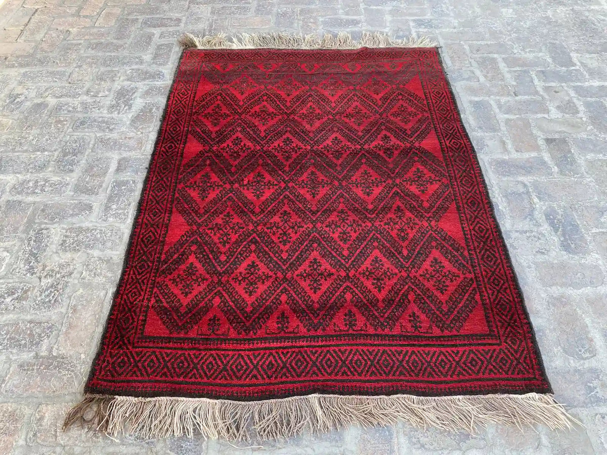 Stunning 4'2 x 6'4 Afghan Belouchi Rug - Deep Red and Black Tribal Patterns - Nomad Hues