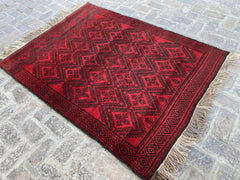 Stunning 4'2 x 6'4 Afghan Belouchi Rug - Deep Red and Black Tribal Patterns - Nomad Hues