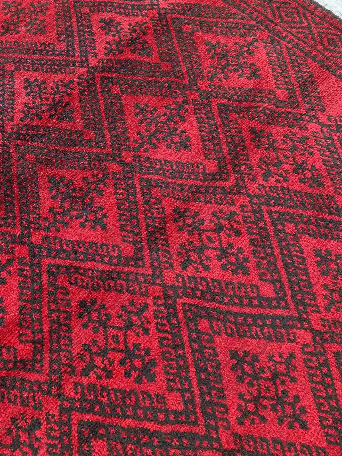 Stunning 4'2 x 6'4 Afghan Belouchi Rug - Deep Red and Black Tribal Patterns - Nomad Hues