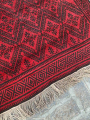 Stunning 4'2 x 6'4 Afghan Belouchi Rug - Deep Red and Black Tribal Patterns - Nomad Hues