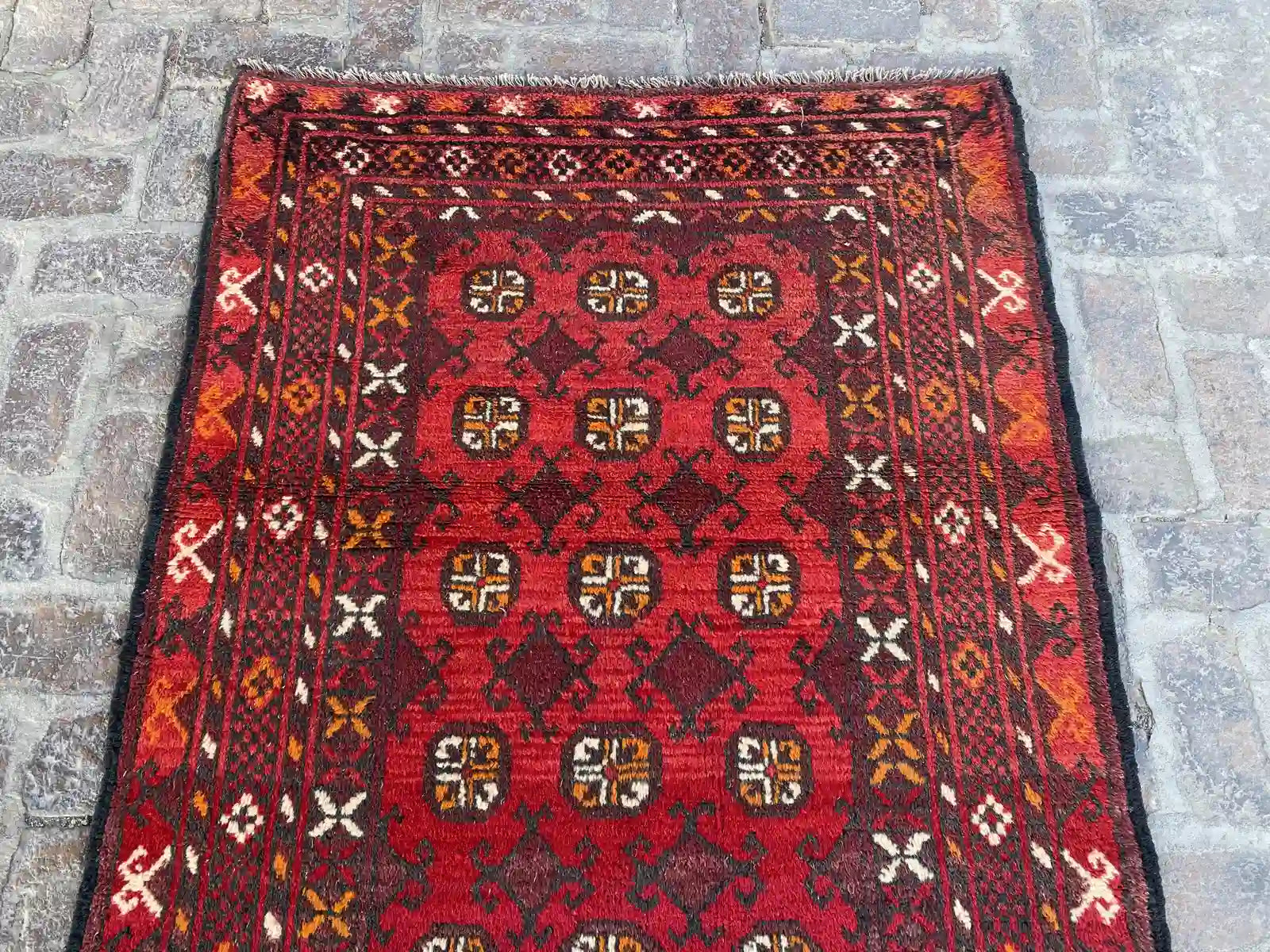 Elegant 4'0 x 11'3 Afghan Bokhara Runner - Rich Red and Black Patterns - Nomad Hues