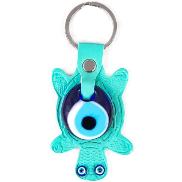 Loggerhead Sea Turtle Keychain with Nazar Boncuğu - Turquoise Imitation Leathe