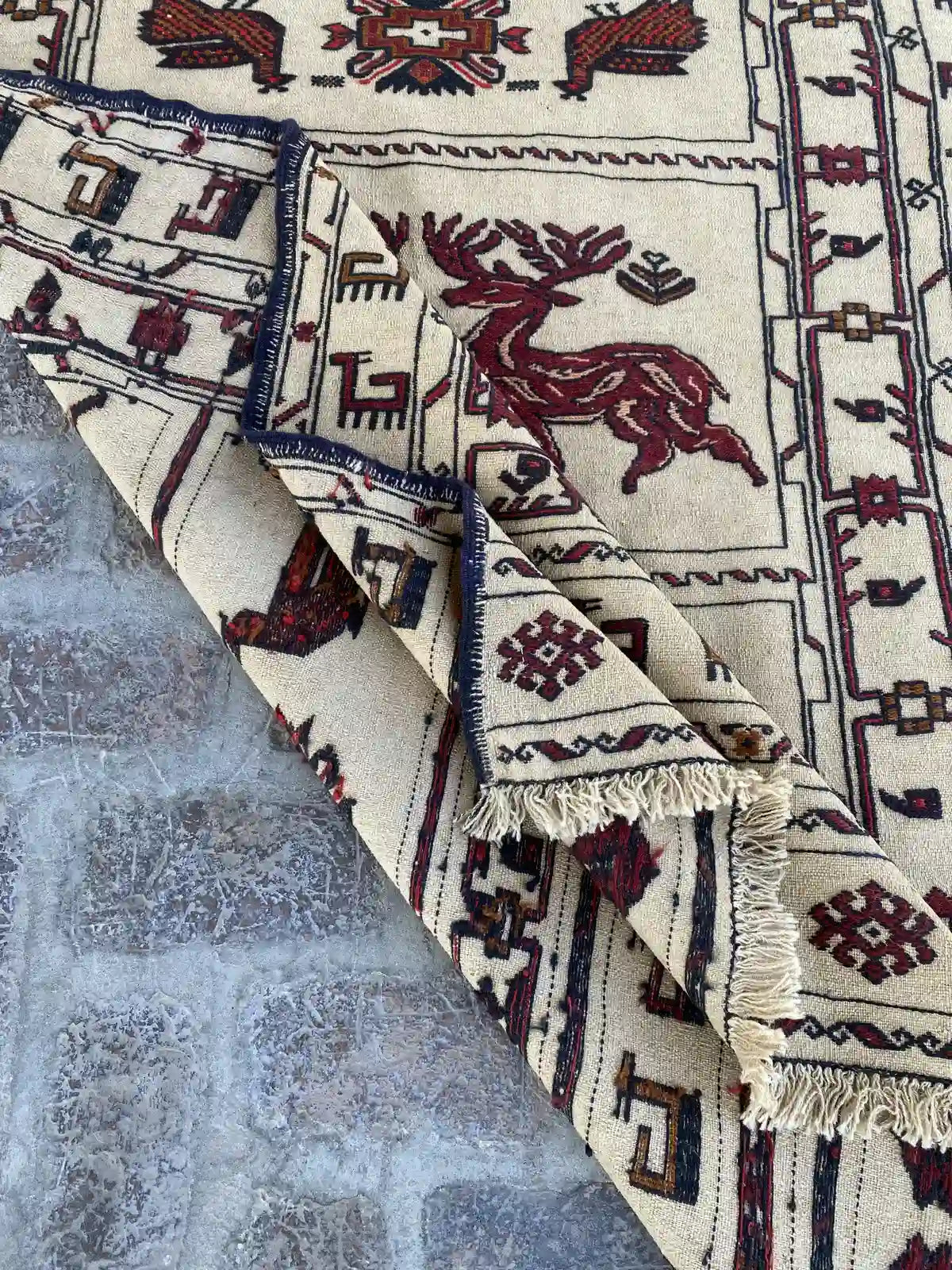 Afghan Soumak Kilim - Beige with Brown Animal Patterns - Nomad Hues