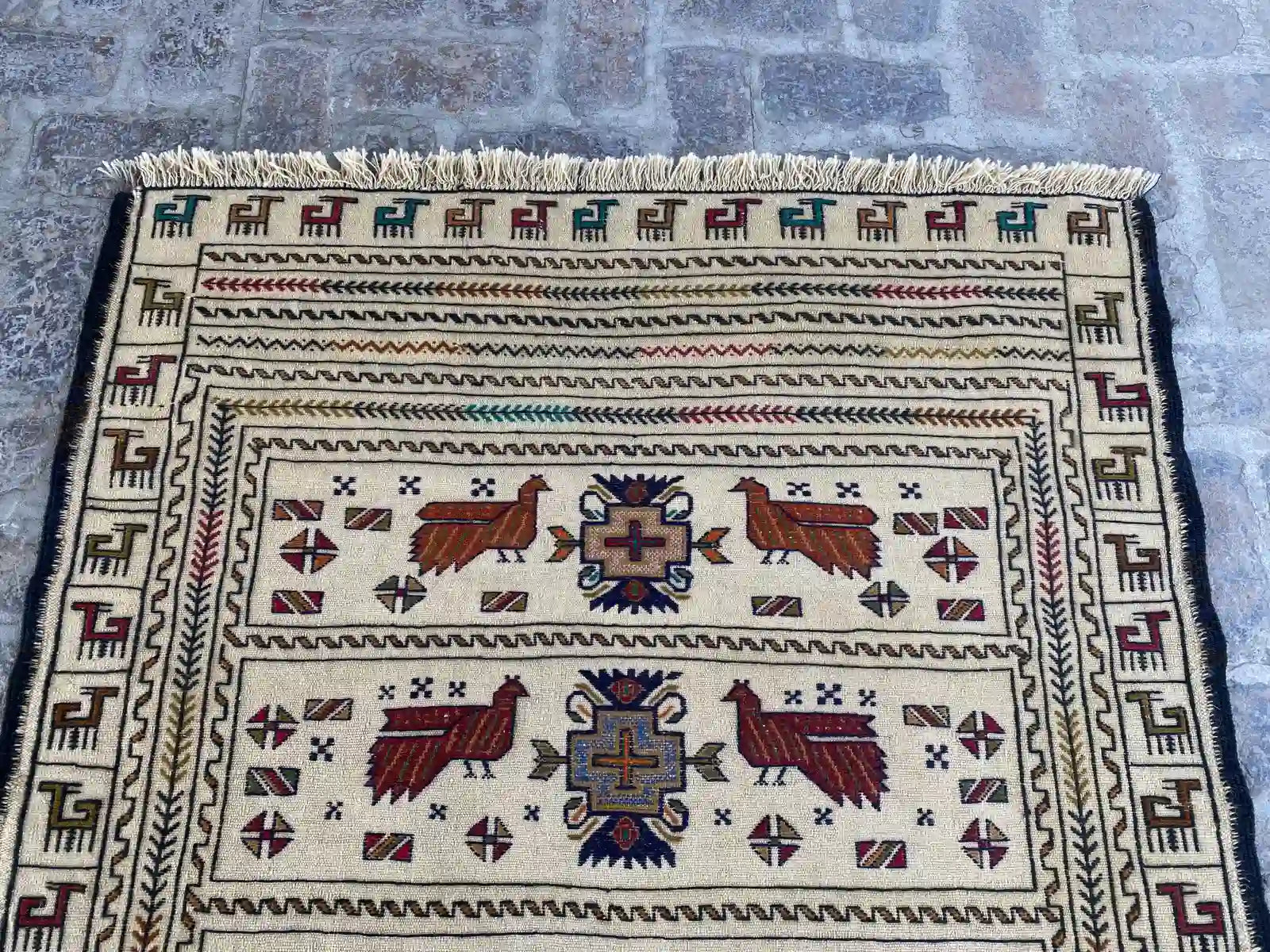 Afghan Soumak Kilim - Beige with Animal and Geometric Patterns - Nomad Hues