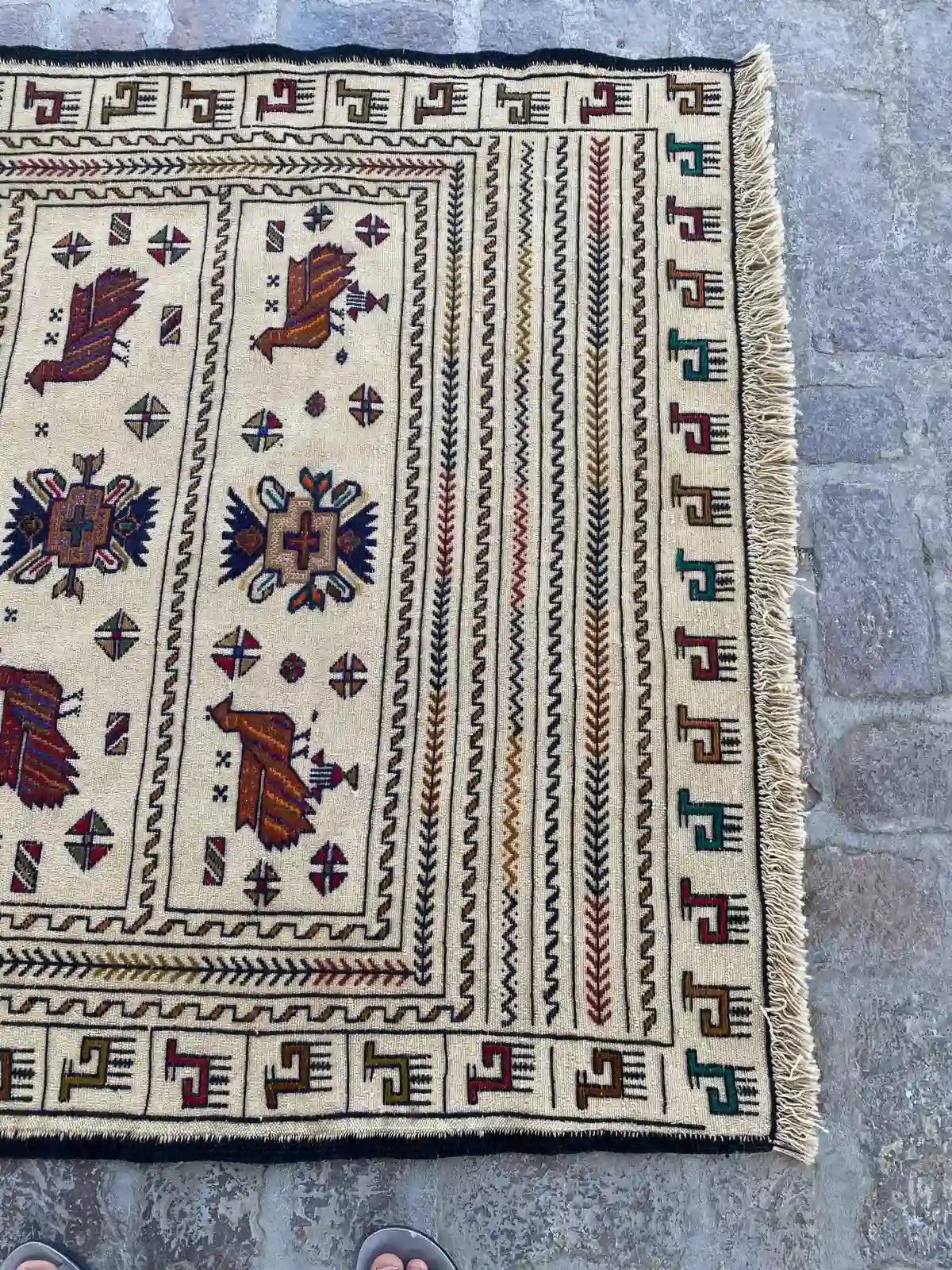 Afghan Soumak Kilim - Beige with Animal and Geometric Patterns - Nomad Hues