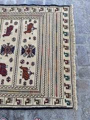 Afghan Soumak Kilim - Beige with Animal and Geometric Patterns - Nomad Hues