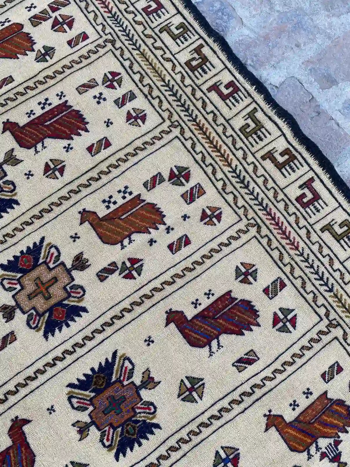 Afghan Soumak Kilim - Beige with Animal and Geometric Patterns - Nomad Hues